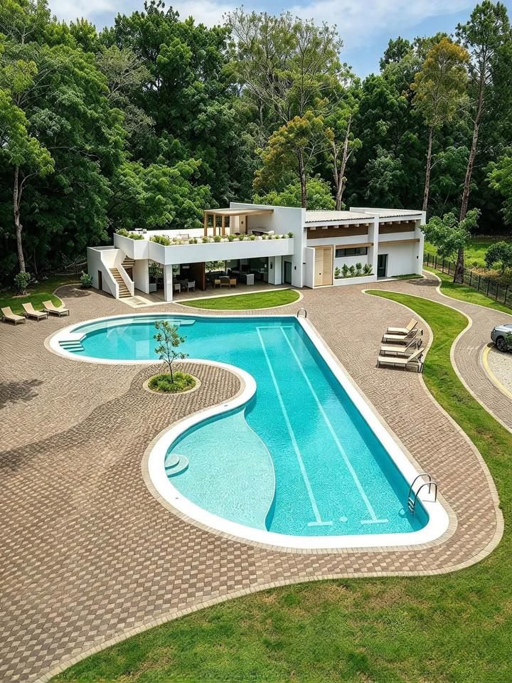 Vista aérea de la casa club y piscina compartida del residencial
