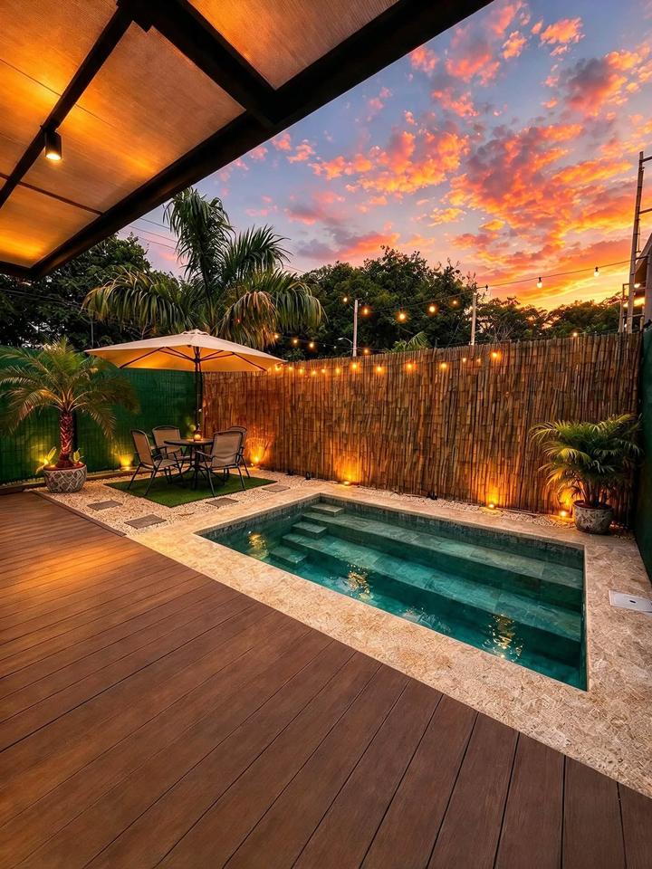 Piscina privada y terraza de madera al atardecer